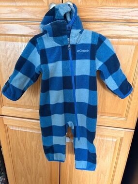 Columbia Blue Plaid Fleece Hooded One-Piece Footie
